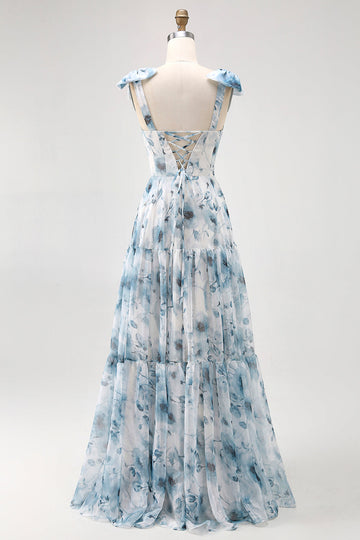 Blå Blomma Tryckt En Linje Lång Brudtärna Klänning Med Snörning Tillbaka